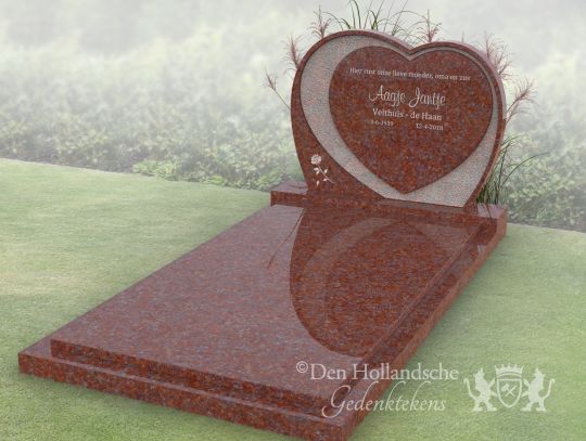 Rood hartvormige grafsteen met bloem